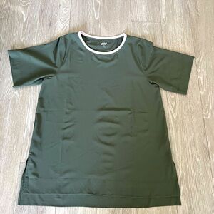 Lands End Top Size M Tall 10-12 Dark Olive Green Pink Collar Short Sleeve Blouse